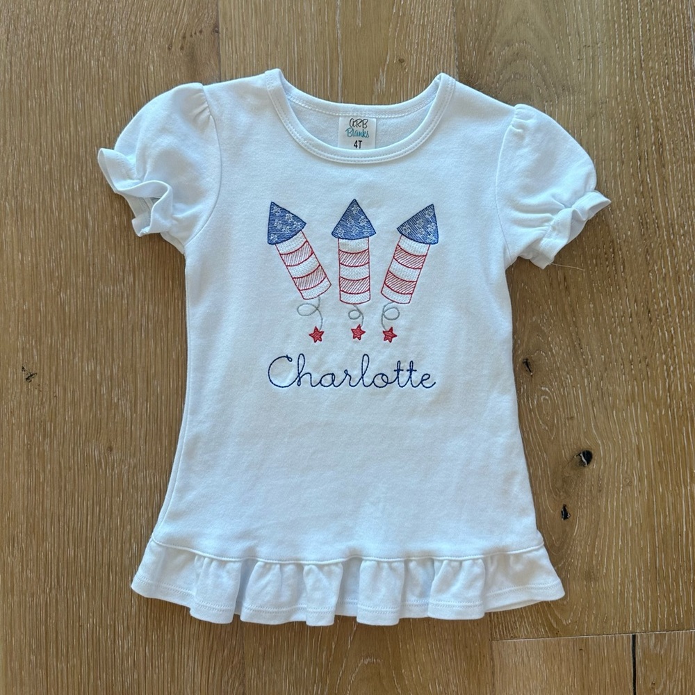 Custom Girls Charlotte 4th of July Firecracker Shirt embroidered 4T. Worn once.